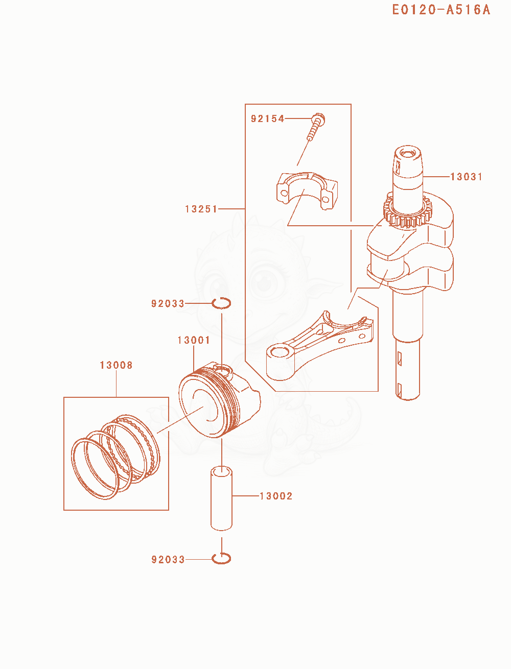 Exploded parts diagram of the Piston / Crankshaft of a Kawasaki FJ180V-DM00 engine, with numbered balloons