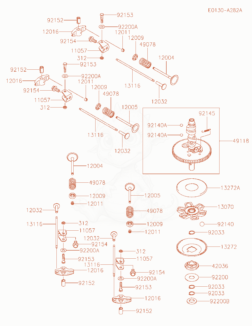 Despiece del Valve / Camshaft de un motor Kawasaki FR730V-AR07, con globos numerados