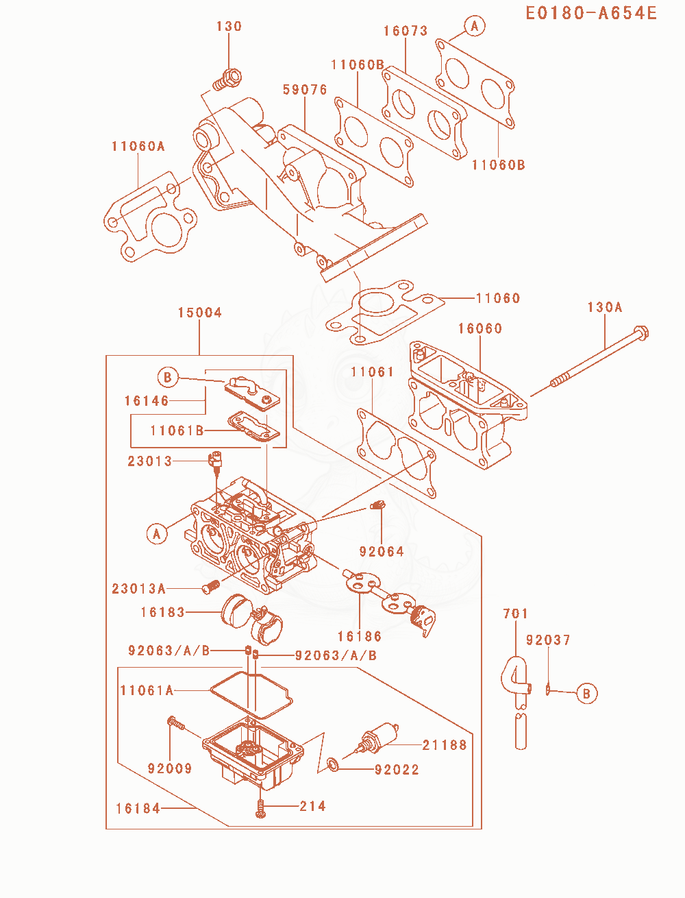 Despiece del Carburetor de un motor Kawasaki FD750D-NS00, con globos numerados