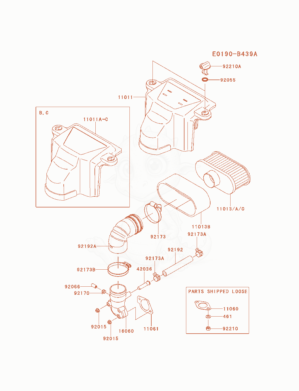 Despiece del Air-Filter / Muffler de un motor Kawasaki FS651V-BS07, con globos numerados