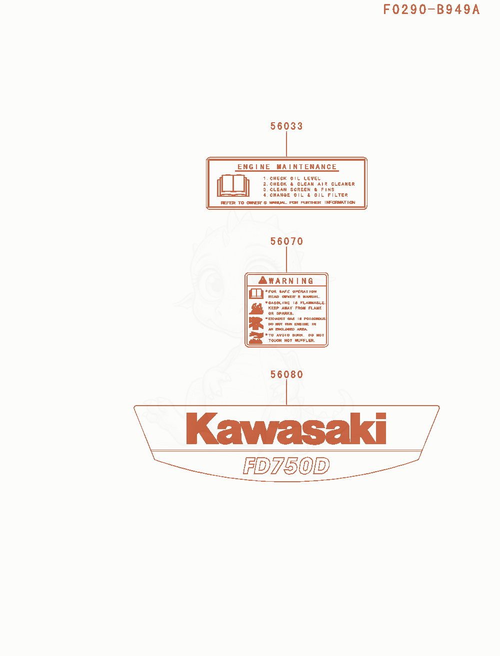 Despiece del Label de un motor Kawasaki FD750D-NS00, con globos numerados