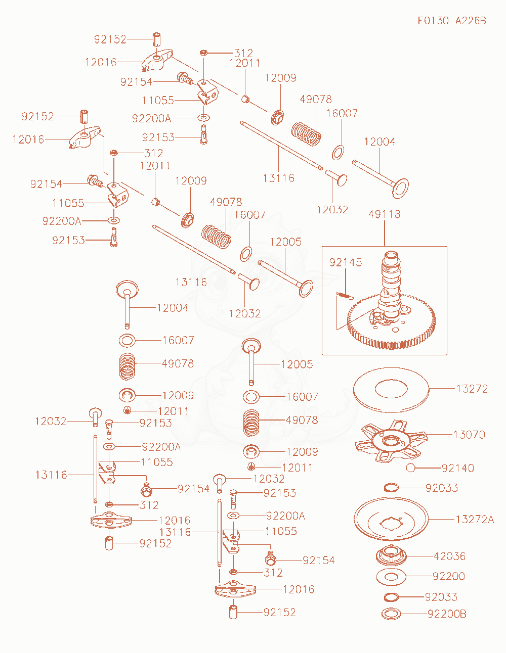 Despiece del Valve / Camshaft de un motor Kawasaki FX801V-AS19, con globos numerados