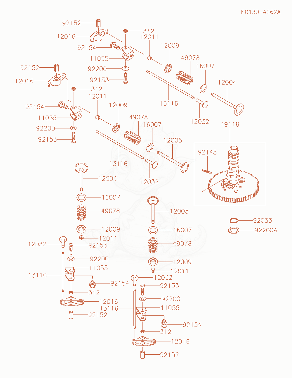 Despiece del Valve / Camshaft de un motor Kawasaki FX850V-AR33, con globos numerados