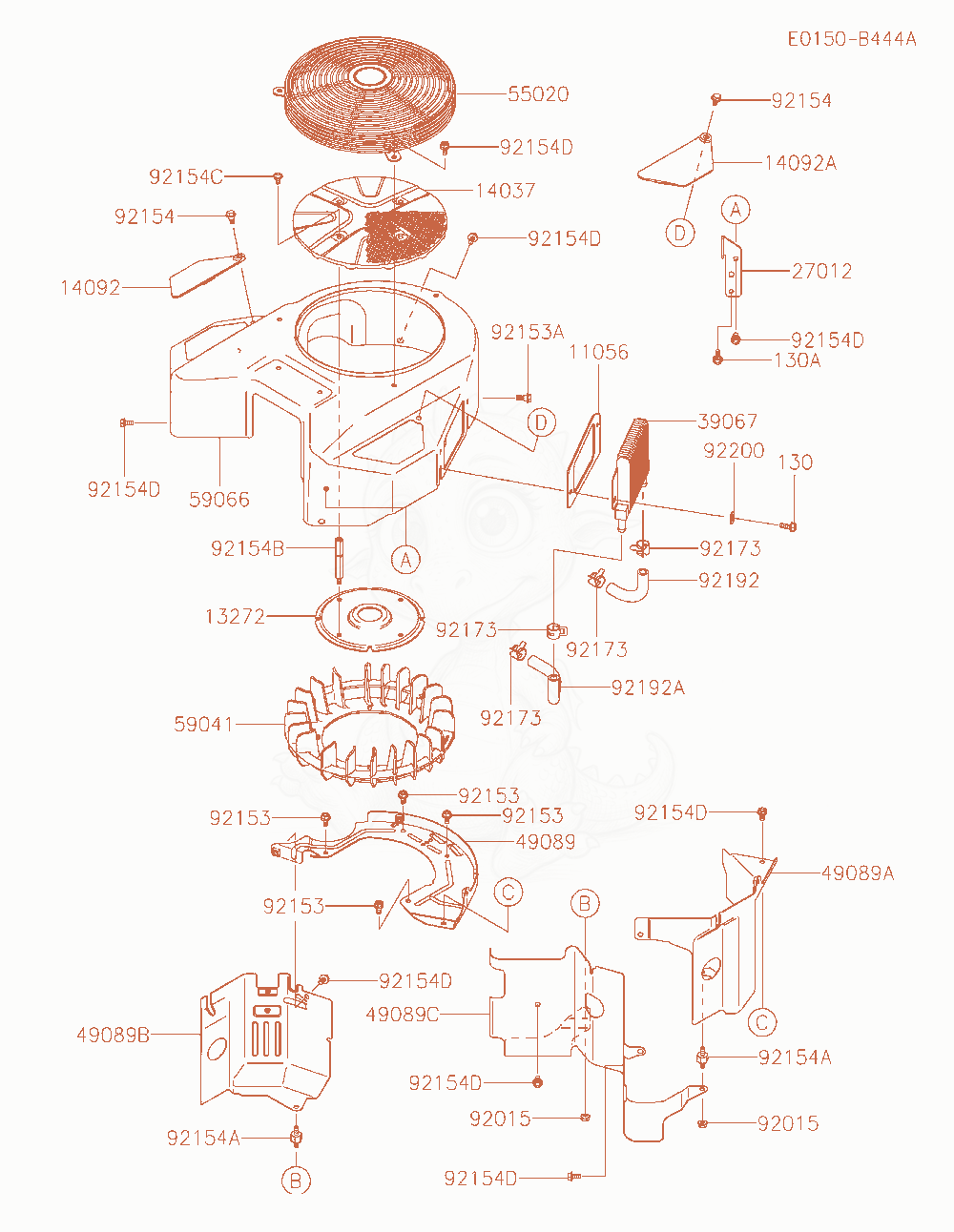 Despiece del Cooling-Equipment de un motor Kawasaki FX751V-AT50, con globos numerados