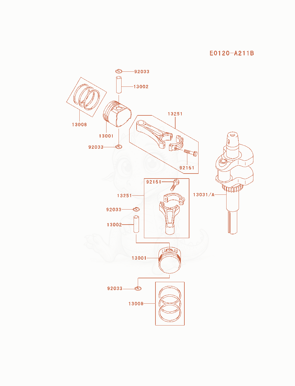 Exploded parts diagram of the Piston / Crankshaft of a Kawasaki FH580V-AS28 engine, with numbered balloons