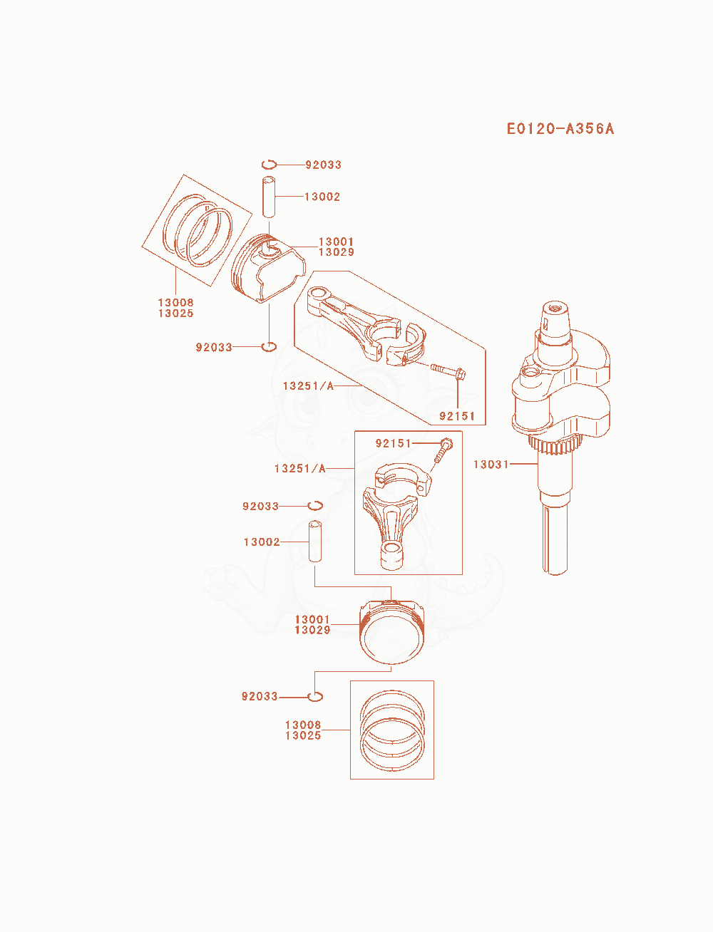 Exploded parts diagram of the Piston / Crankshaft of a Kawasaki FH680V-ES32 engine, with numbered balloons
