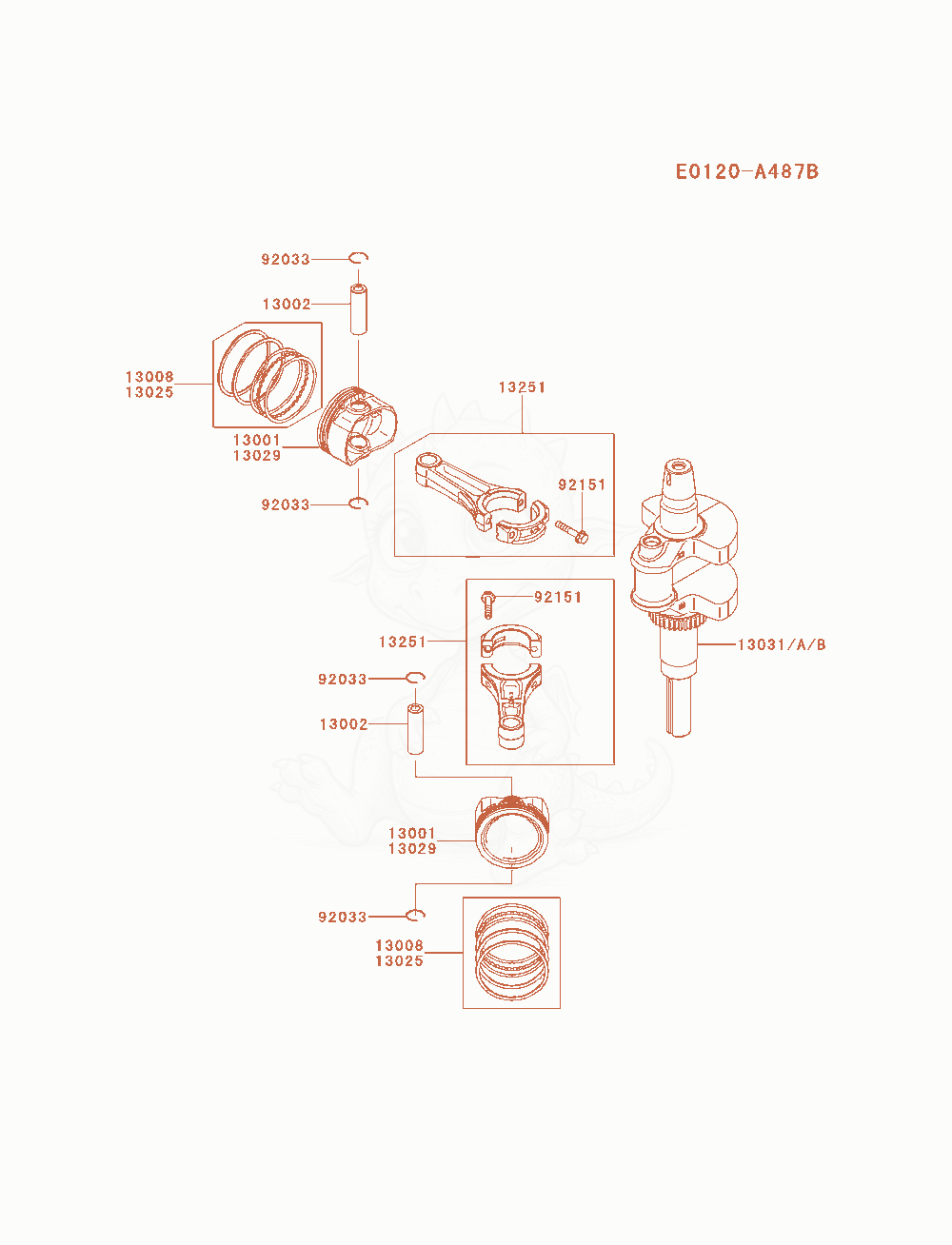Exploded parts diagram of the Piston / Crankshaft of a Kawasaki FR691V-AS13 engine, with numbered balloons