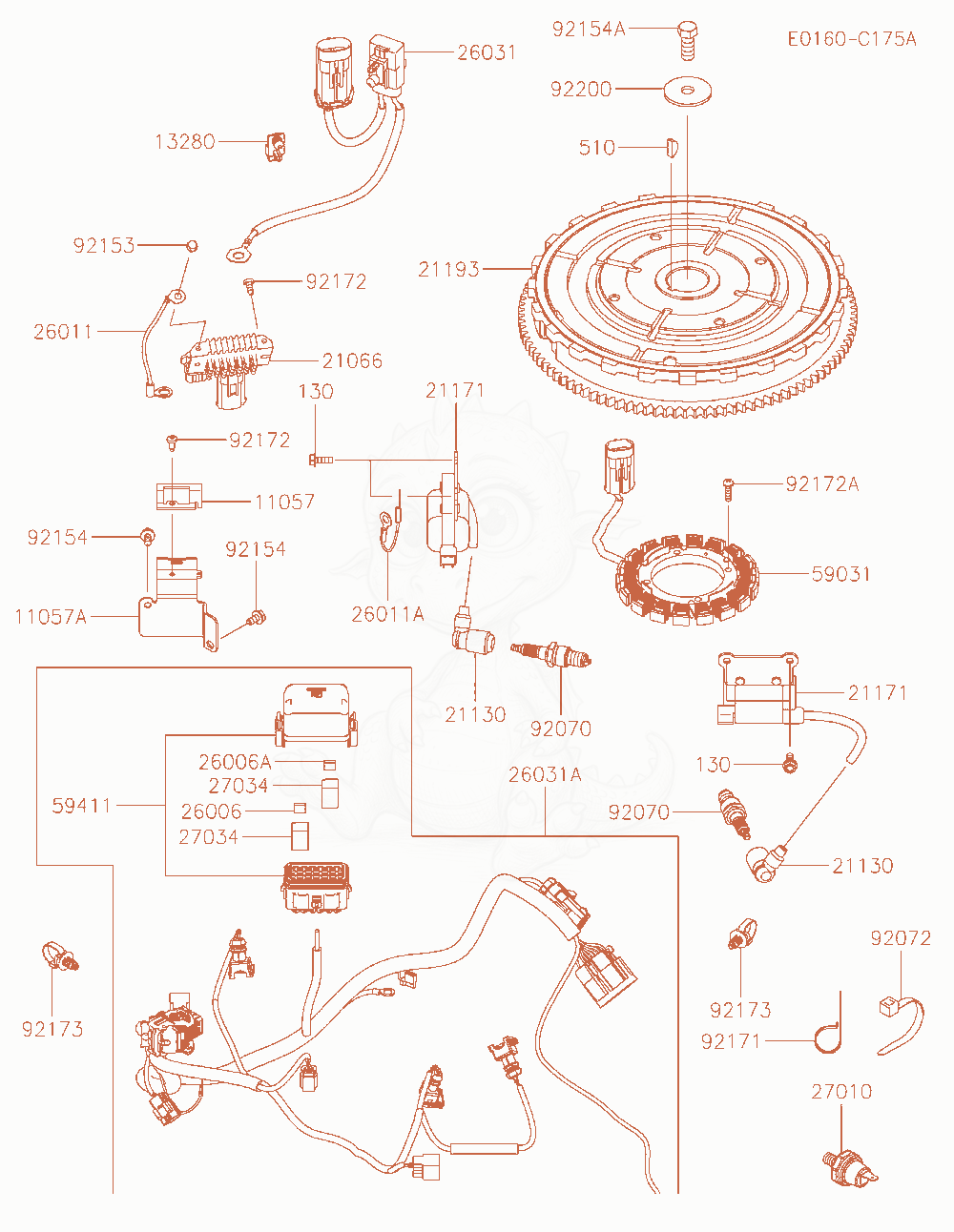 Despiece del Electric-Equipment de un motor Kawasaki FXT00V-AR31, con globos numerados