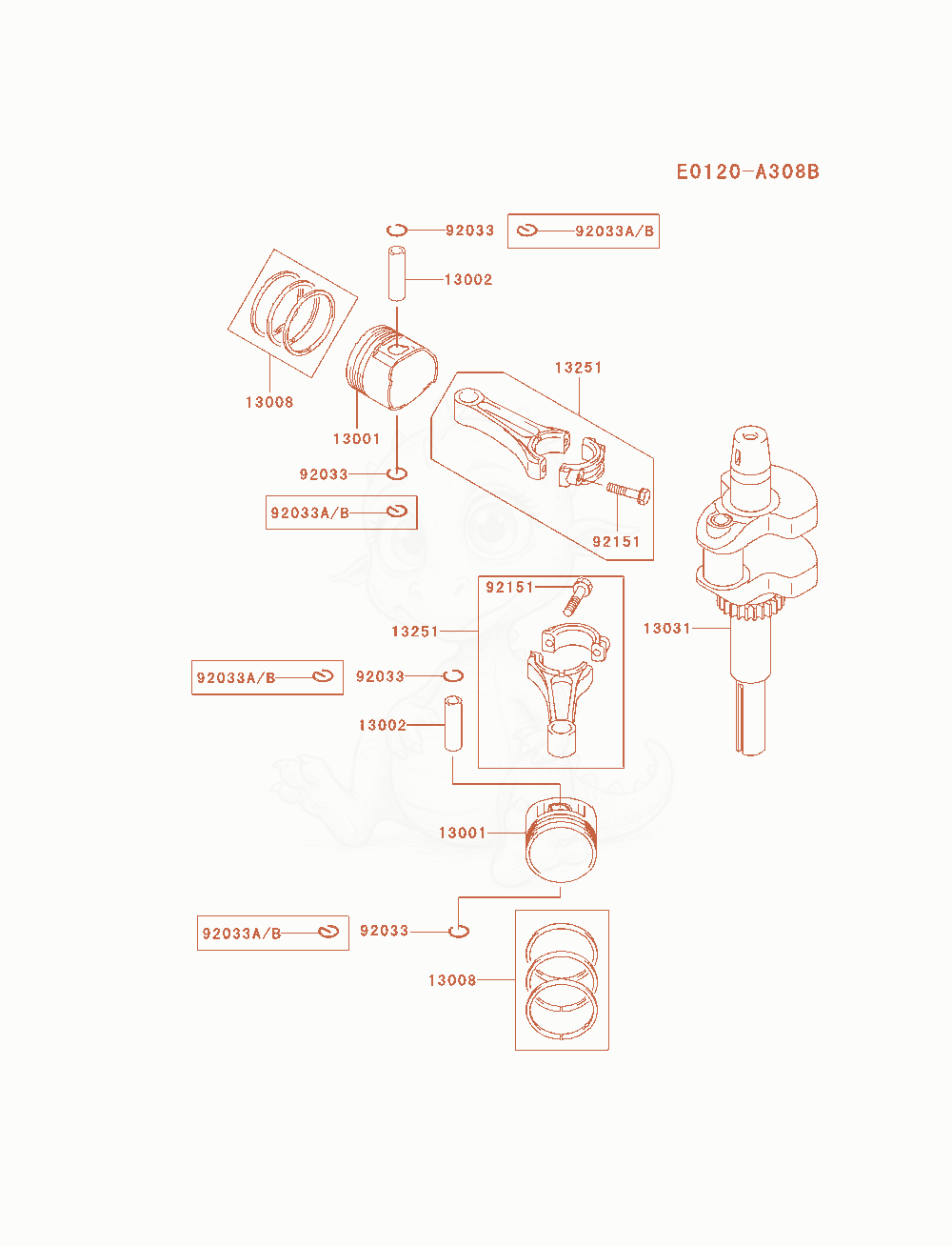 Despiece del Piston / Crankshaft de un motor Kawasaki FH580V-AS23, con globos numerados