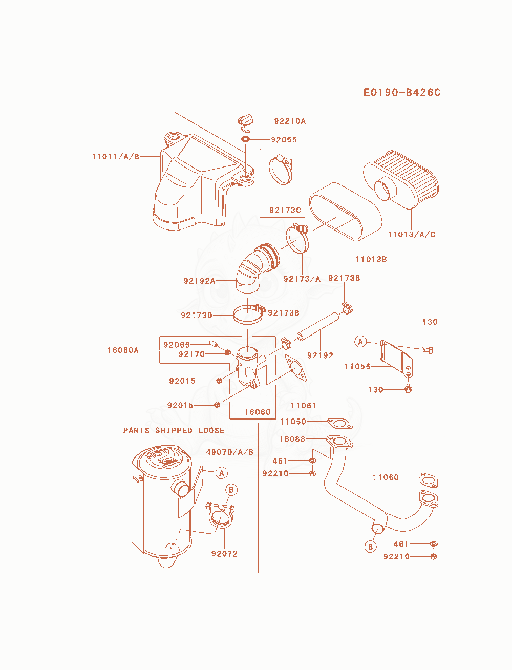 Despiece del Air-Filter / Muffler de un motor Kawasaki FS481V-AS24, con globos numerados