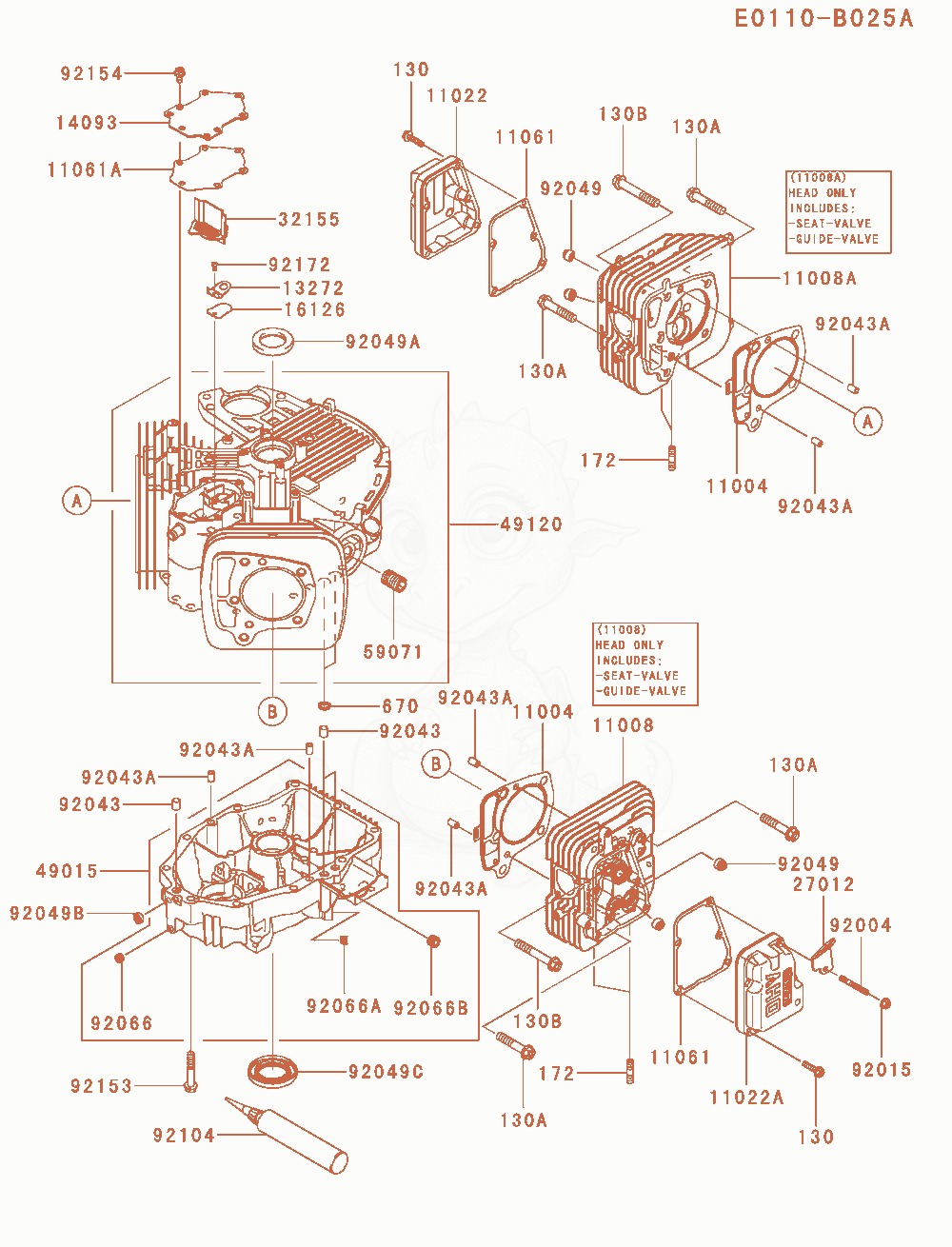 Despiece del Cylinder / Crankcase de un motor Kawasaki FT651V-AS00, con globos numerados