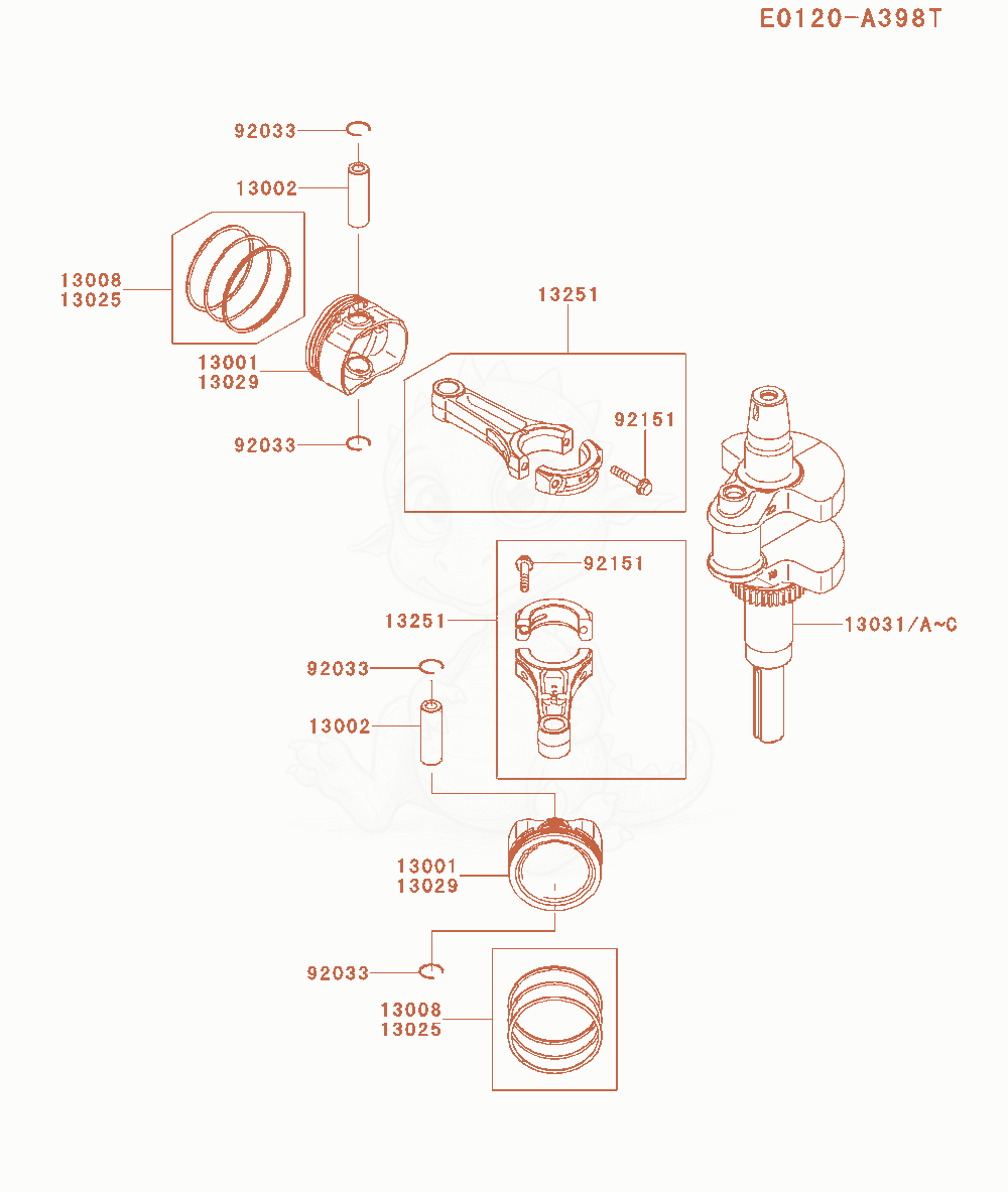 Exploded parts diagram of the Piston / Crankshaft of a Kawasaki FX651V-CS08 engine, with numbered balloons