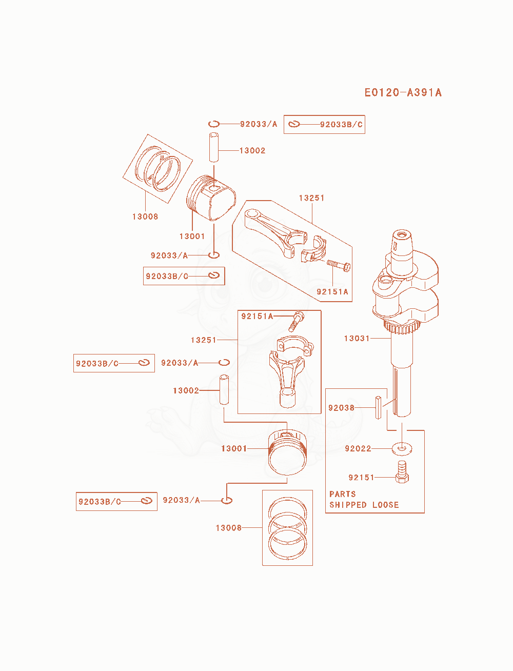 Exploded parts diagram of the Piston / Crankshaft of a Kawasaki FH580V-AS37 engine, with numbered balloons
