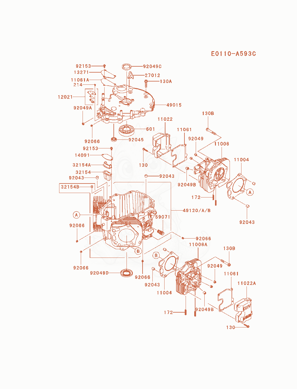 Despiece del Cylinder / Crankcase de un motor Kawasaki FXT00V-AS04, con globos numerados