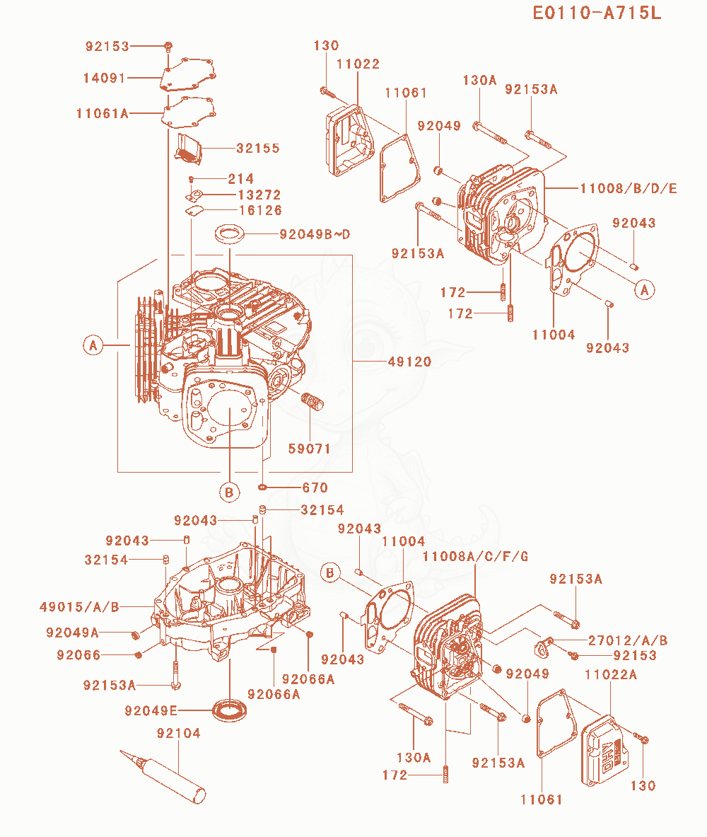 Despiece del Cylinder / Crankcase de un motor Kawasaki FX541V-BS01, con globos numerados
