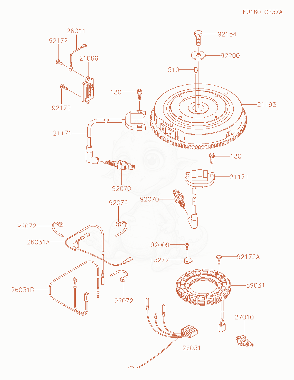 Despiece del Electric-Equipment de un motor Kawasaki FR730V-AR07, con globos numerados