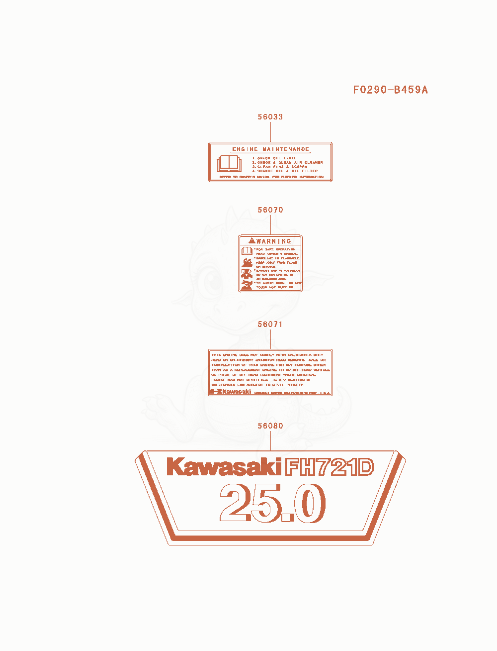 Exploded parts diagram of the Label of a Kawasaki FH721D-AS11 engine, with numbered balloons