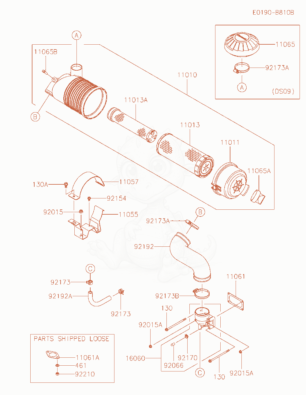 Despiece del Air-Filter / Muffler de un motor Kawasaki FX921V-BS09, con globos numerados