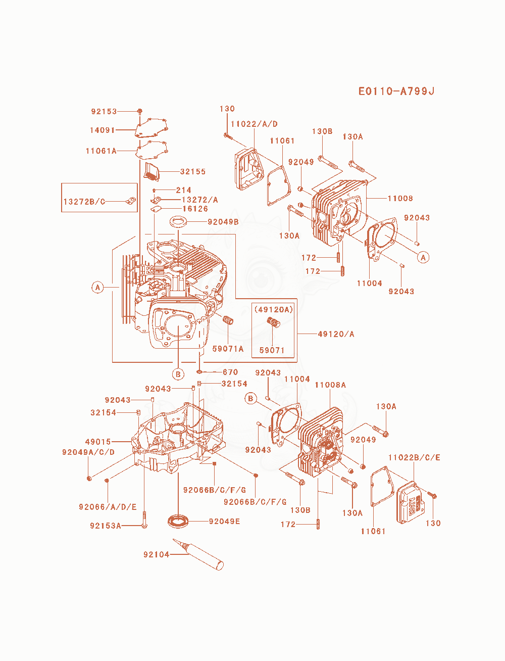 Despiece del Cylinder / Crankcase de un motor Kawasaki FR651V-AS12, con globos numerados