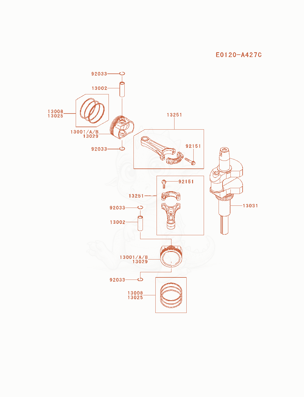 Exploded parts diagram of the Piston / Crankshaft of a Kawasaki FS541V-AS12 engine, with numbered balloons