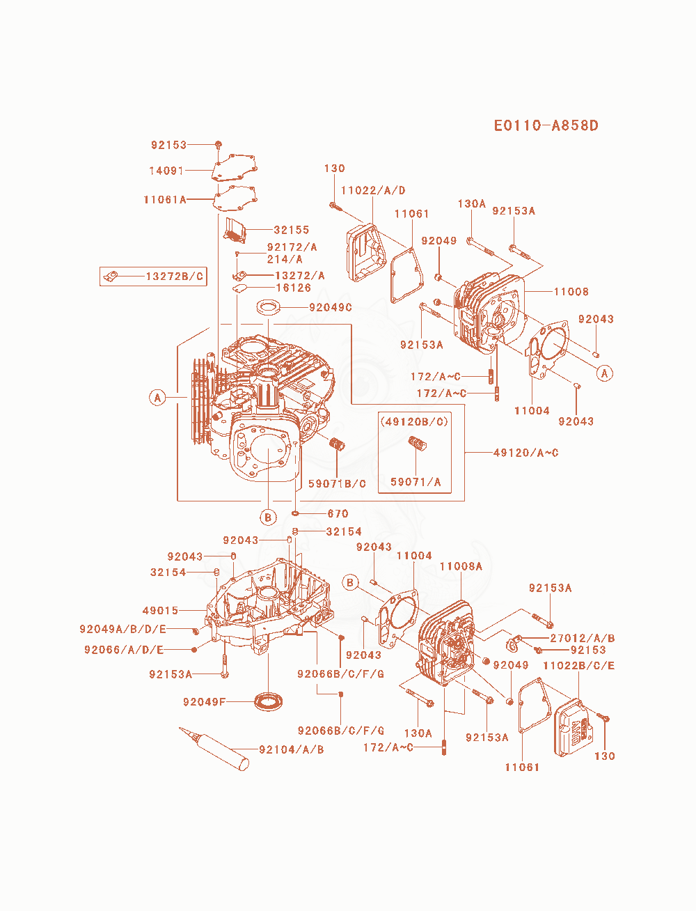 Despiece del Cylinder / Crankcase de un motor Kawasaki FS600V-AS12, con globos numerados
