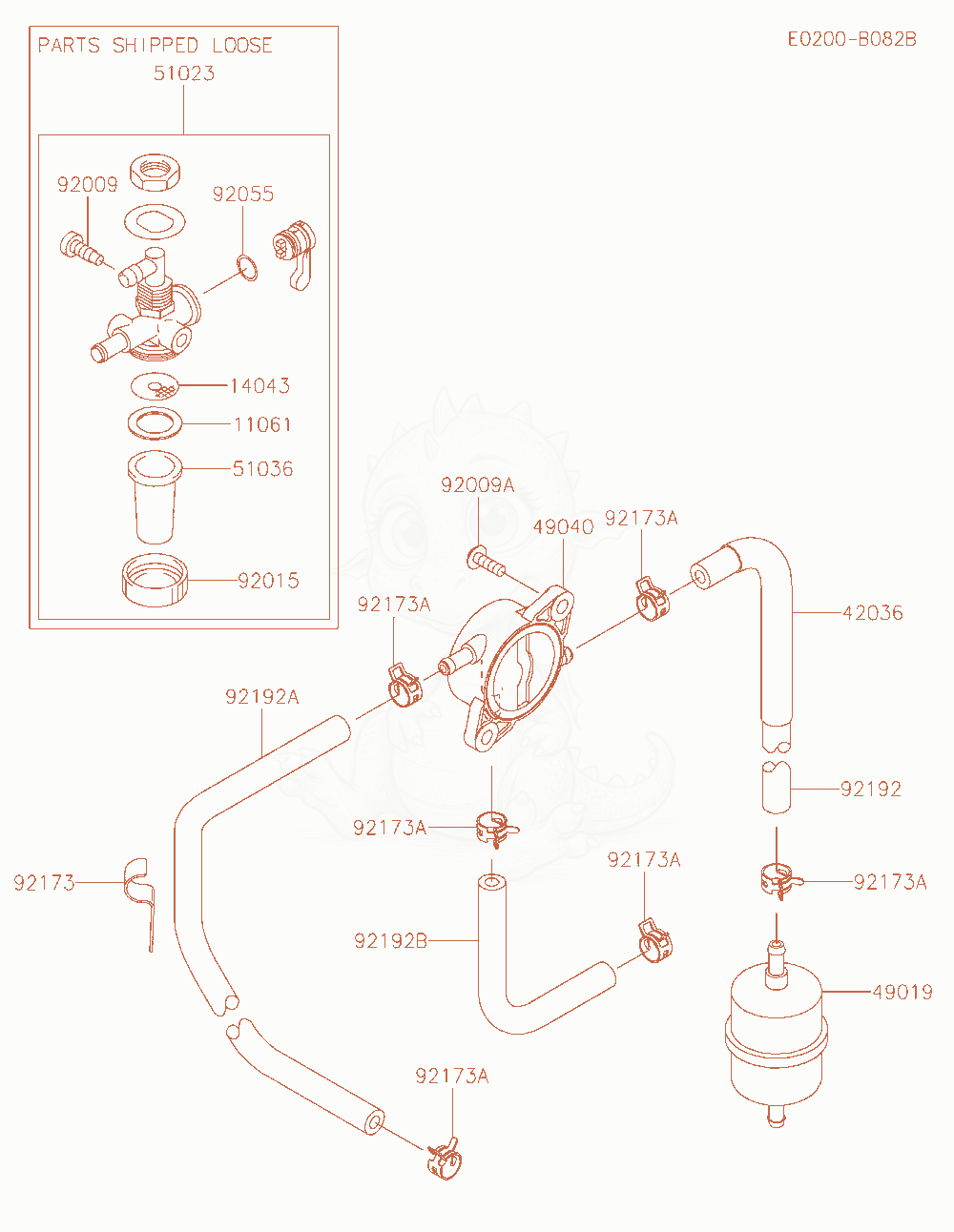 Despiece del Fuel-Tank / Fuel-Valve de un motor Kawasaki FS691V-BE51, con globos numerados