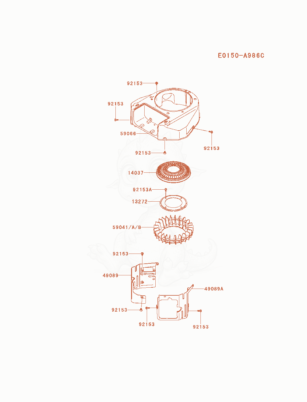 Despiece del Cooling-Equipment de un motor Kawasaki FS481V-AS05, con globos numerados