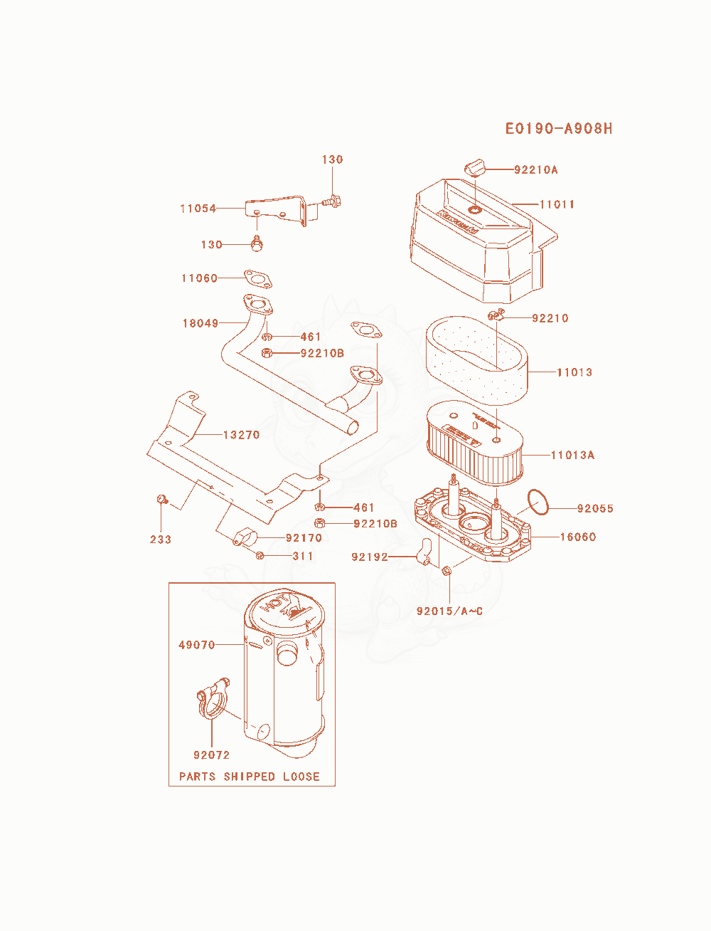 Exploded parts diagram of the Air-Filter / Muffler of a Kawasaki FH580V-AS40 engine, with numbered balloons