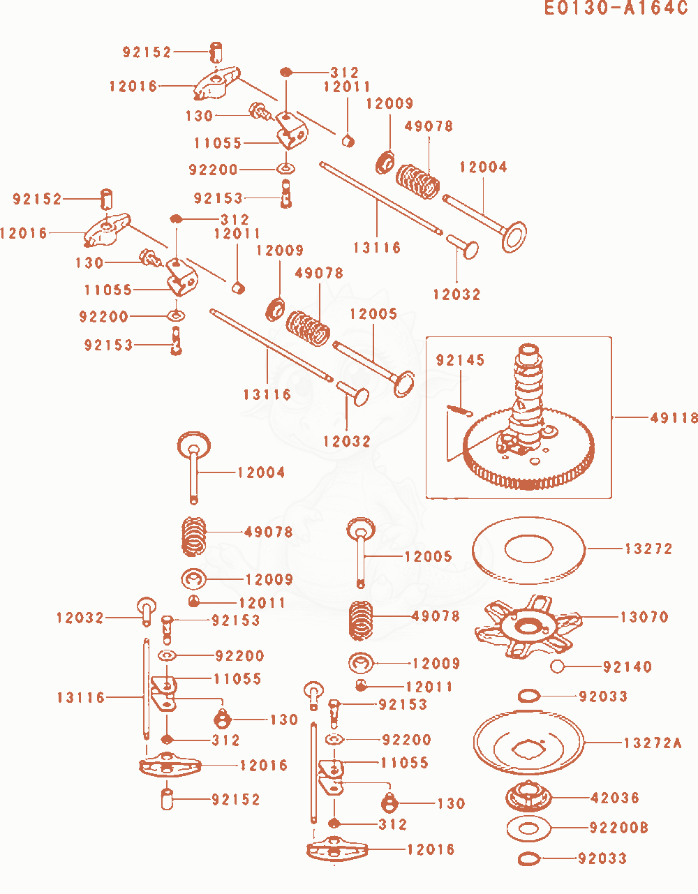 Despiece del Valve / Camshaft de un motor Kawasaki FX801V-AS04, con globos numerados