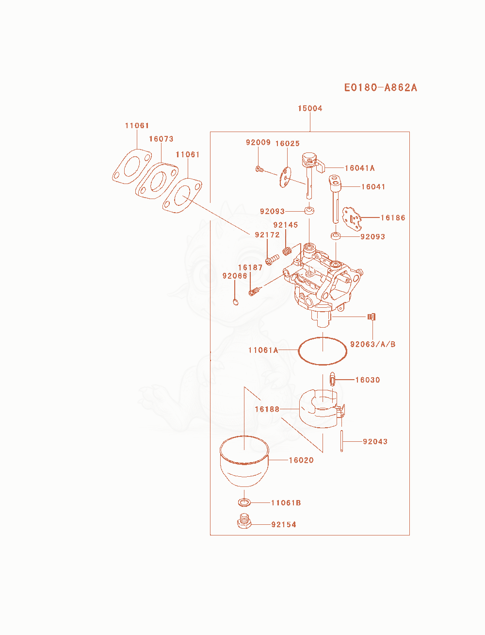 Despiece del Carburetor de un motor Kawasaki FJ180V-AM01, con globos numerados