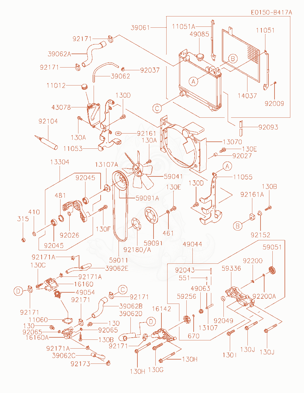 Despiece del Cooling-Equipment de un motor Kawasaki FD851D-PS00, con globos numerados