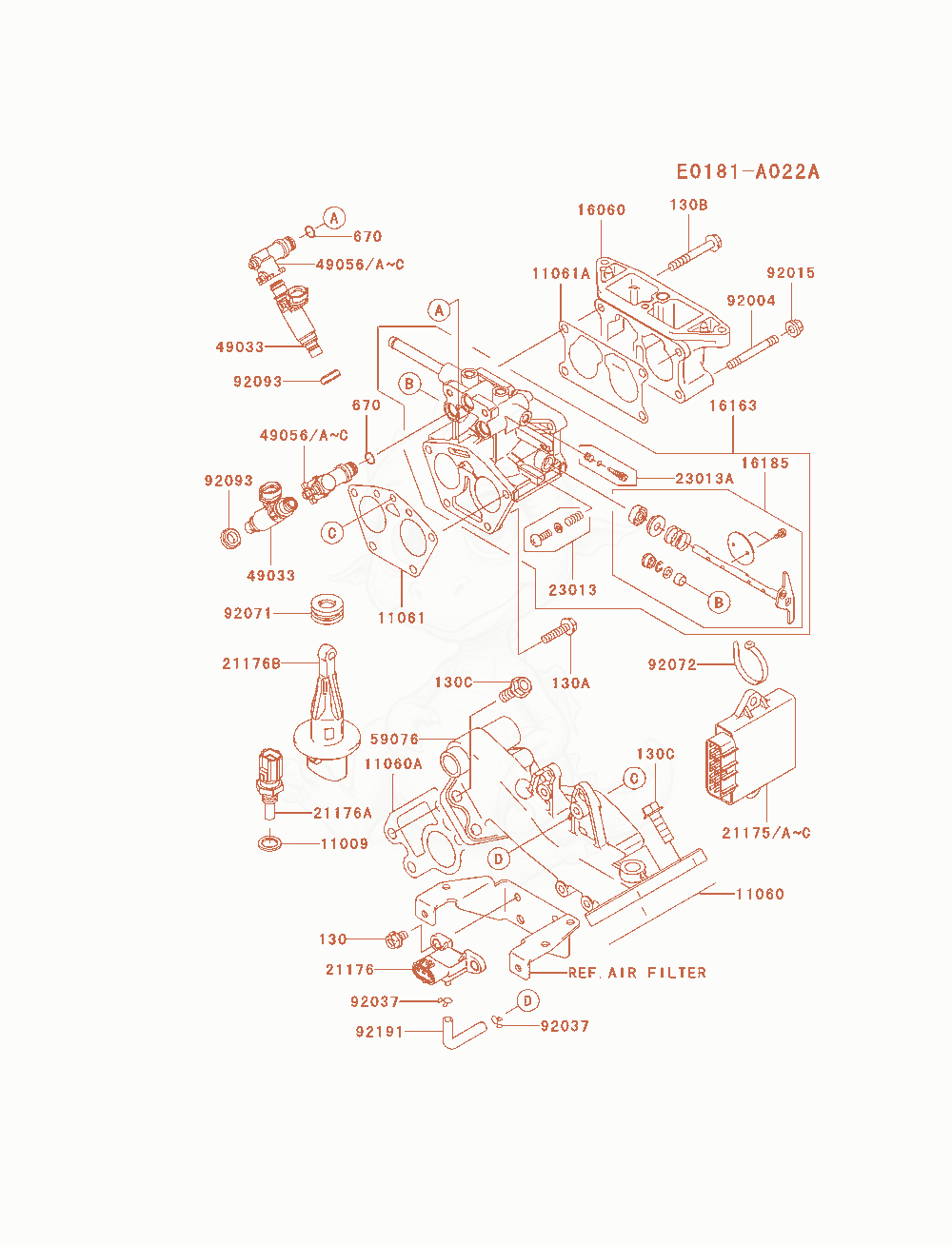 Despiece del Throttle-Equipment de un motor Kawasaki FD791D-AS06, con globos numerados
