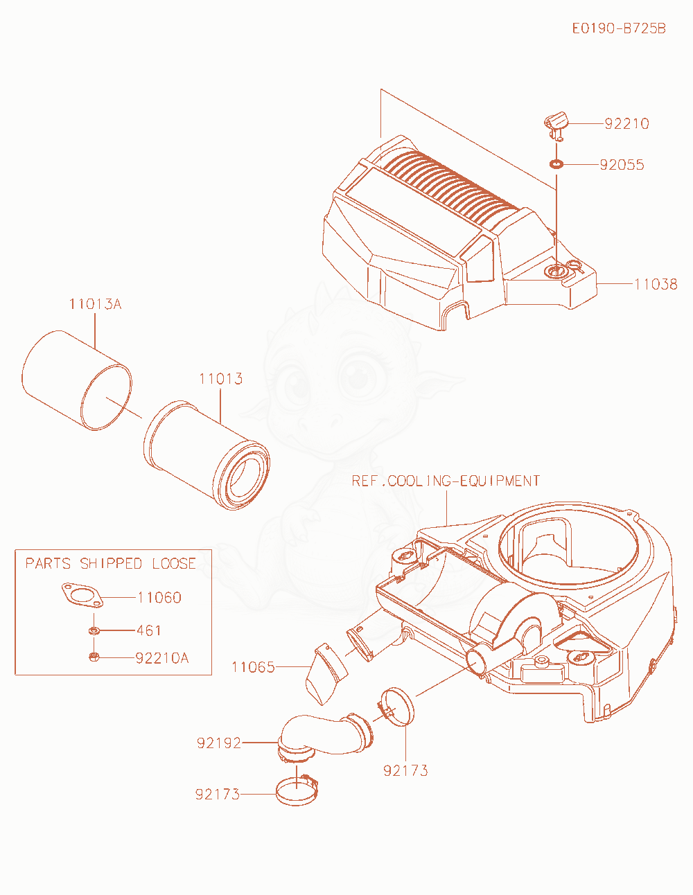 Despiece del Air-Filter / Muffler de un motor Kawasaki FT730V-AR30, con globos numerados