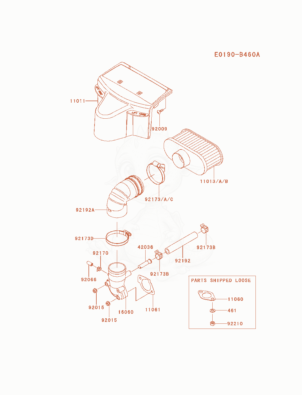 Despiece del Air-Filter / Muffler de un motor Kawasaki FR691V-AS14, con globos numerados