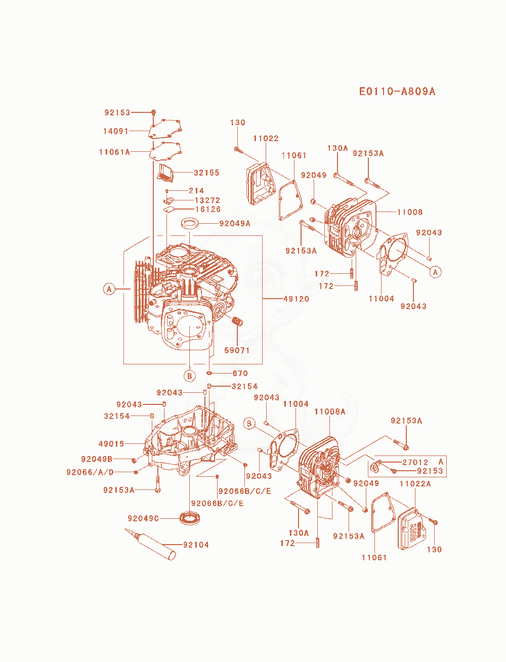 Despiece del Cylinder / Crankcase de un motor Kawasaki FS600V-AS25, con globos numerados