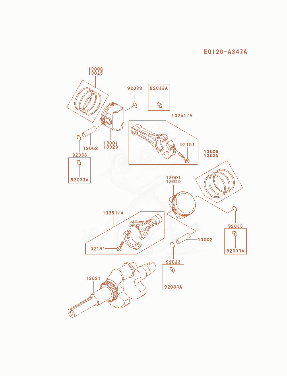 Despiece del Piston / Crankshaft de un motor Kawasaki FH721D-DS05, con globos numerados