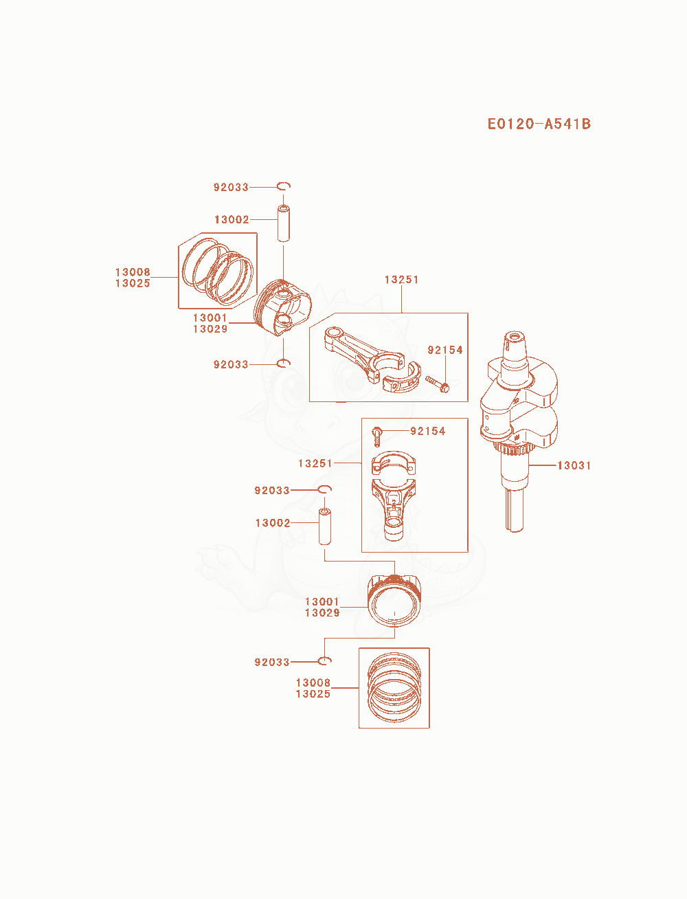 Despiece del Piston / Crankshaft de un motor Kawasaki FR730V-AS26, con globos numerados