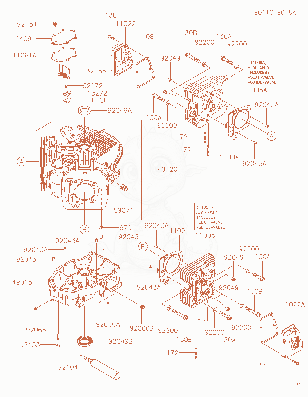Despiece del Cylinder / Crankcase de un motor Kawasaki FT730V-AW00, con globos numerados