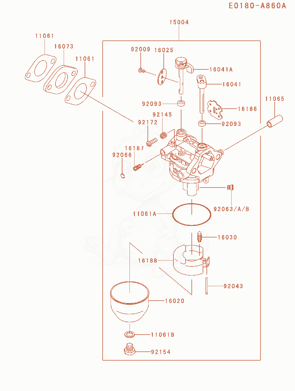 Despiece del Carburetor de un motor Kawasaki FJ180V-AM54, con globos numerados
