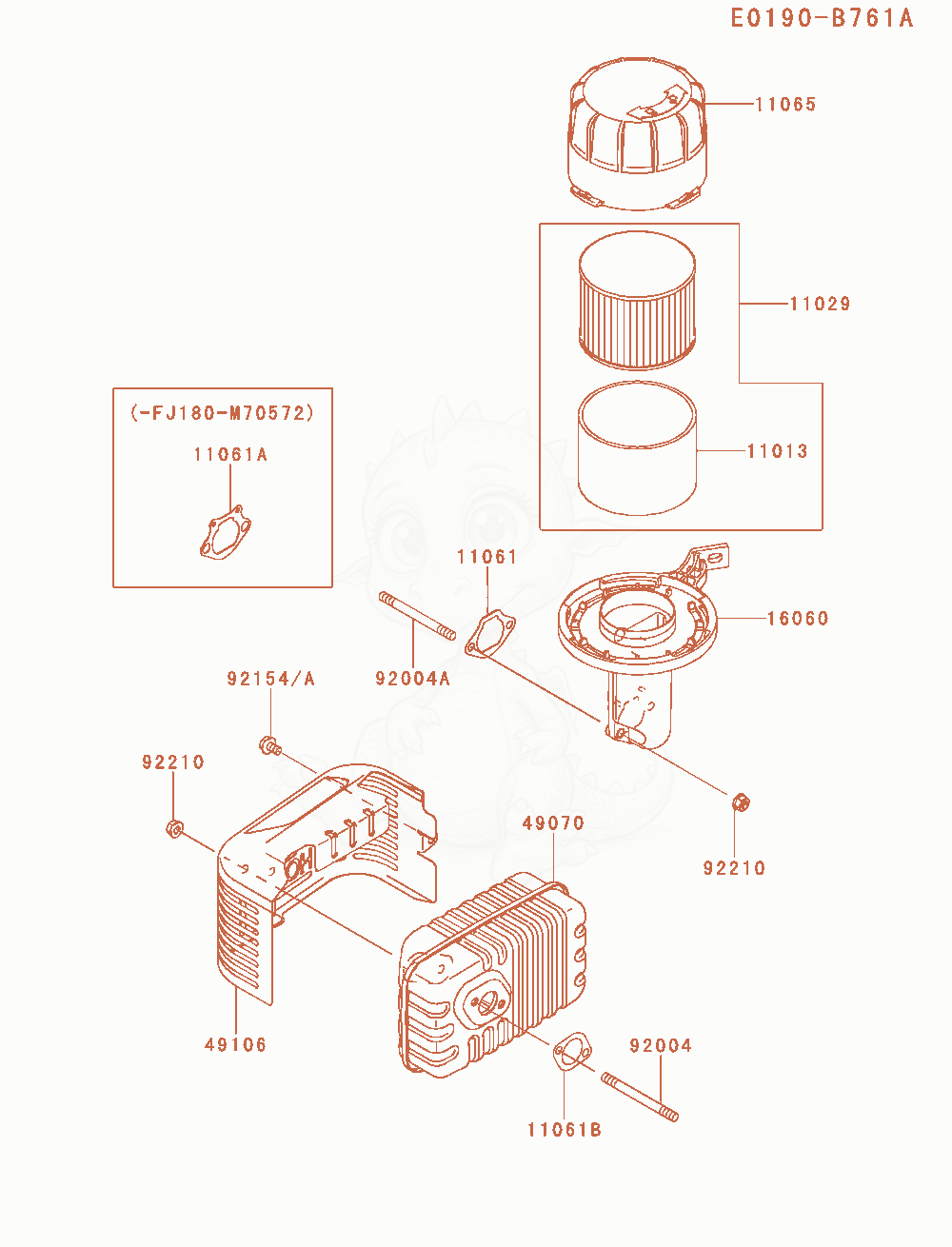 Despiece del Air-Filter / Muffler de un motor Kawasaki FJ180V-AM08, con globos numerados