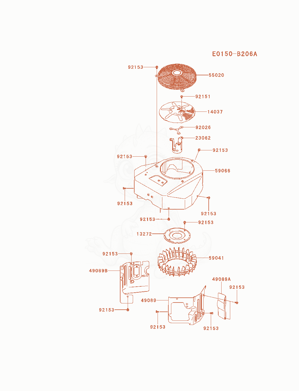 Despiece del Cooling-Equipment de un motor Kawasaki FX730V-AS21, con globos numerados
