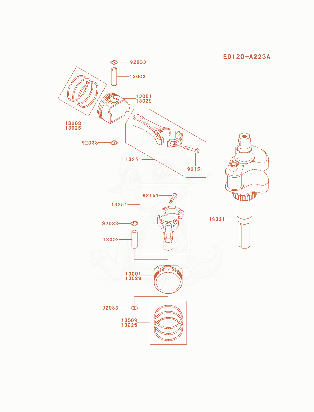 Despiece del Piston / Crankshaft de un motor Kawasaki FH721V-AS28, con globos numerados