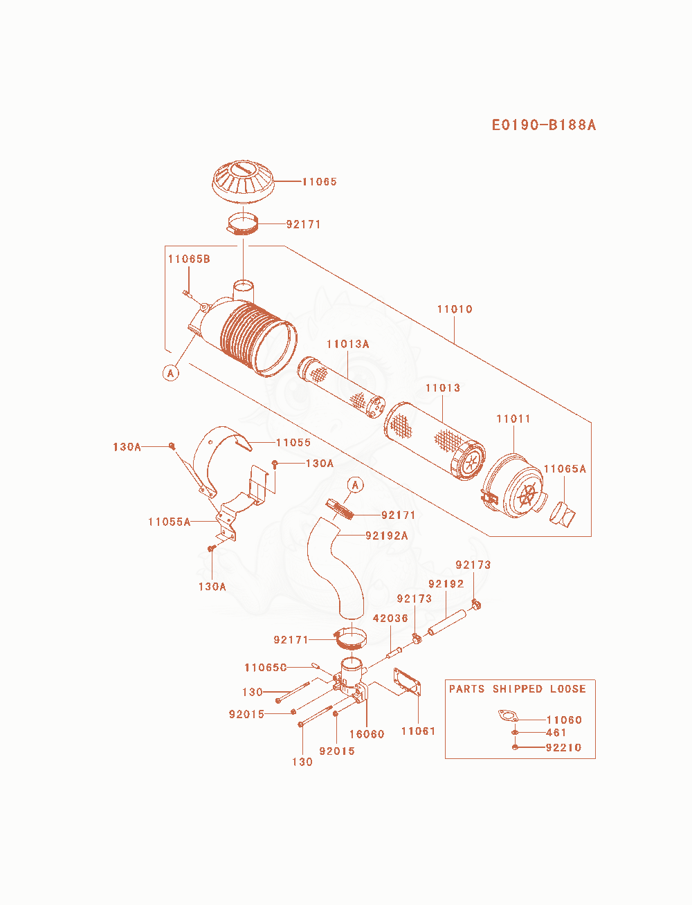 Despiece del Air-Filter / Muffler de un motor Kawasaki FX691V-AS05, con globos numerados