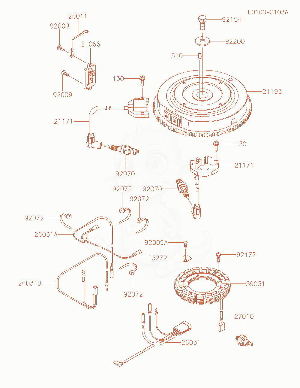 Despiece del Electric-Equipment de un motor Kawasaki FR651V-AR04, con globos numerados