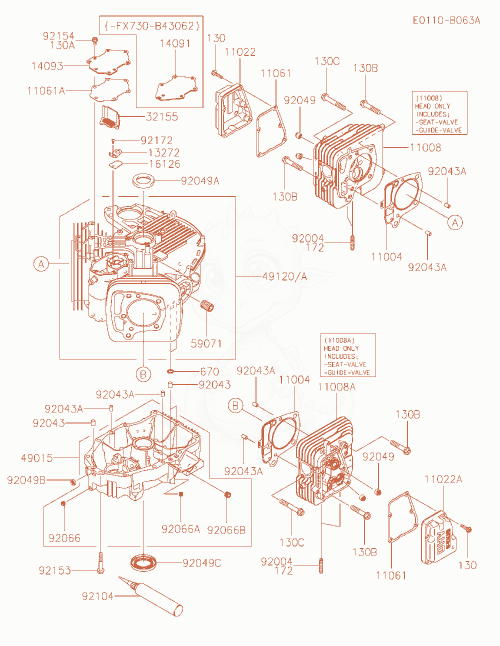 Exploded parts diagram of the Cylinder / Crankcase of a Kawasaki FX730V-FS12 engine, with numbered balloons