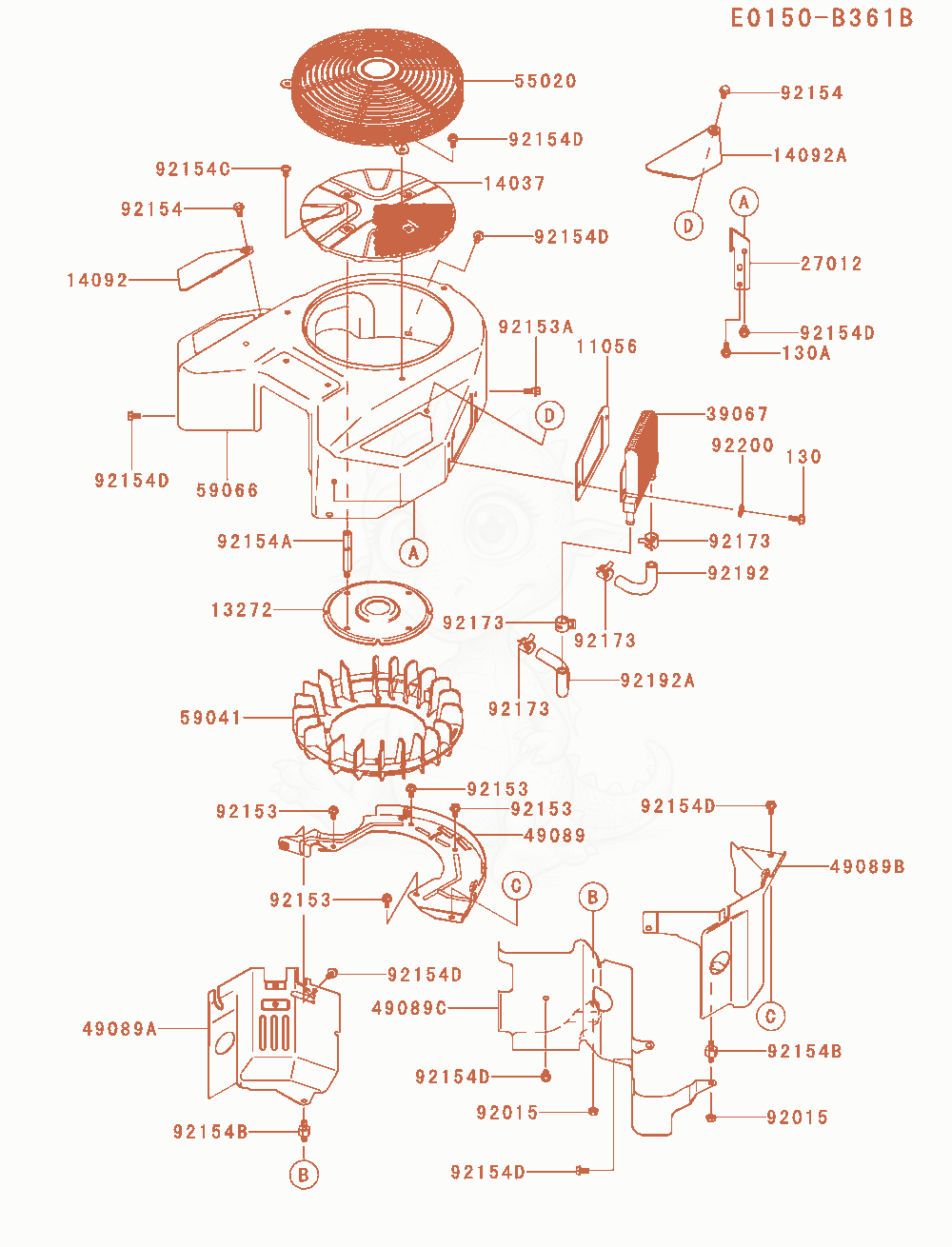 Despiece del Cooling-Equipment de un motor Kawasaki FX801V-AS18, con globos numerados