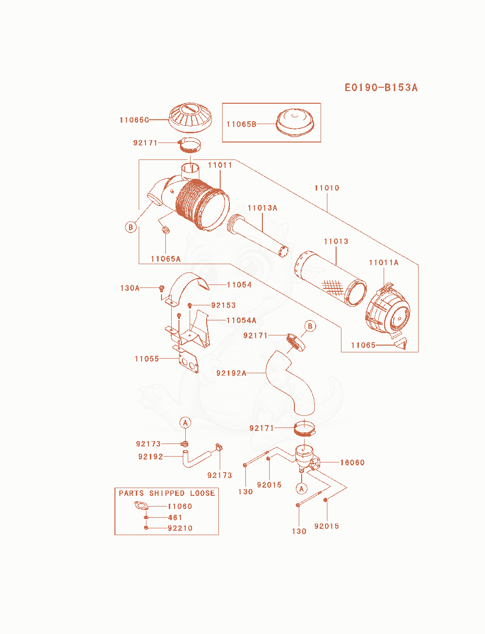 Despiece del Air-Filter / Muffler de un motor Kawasaki FX751V-AS08, con globos numerados