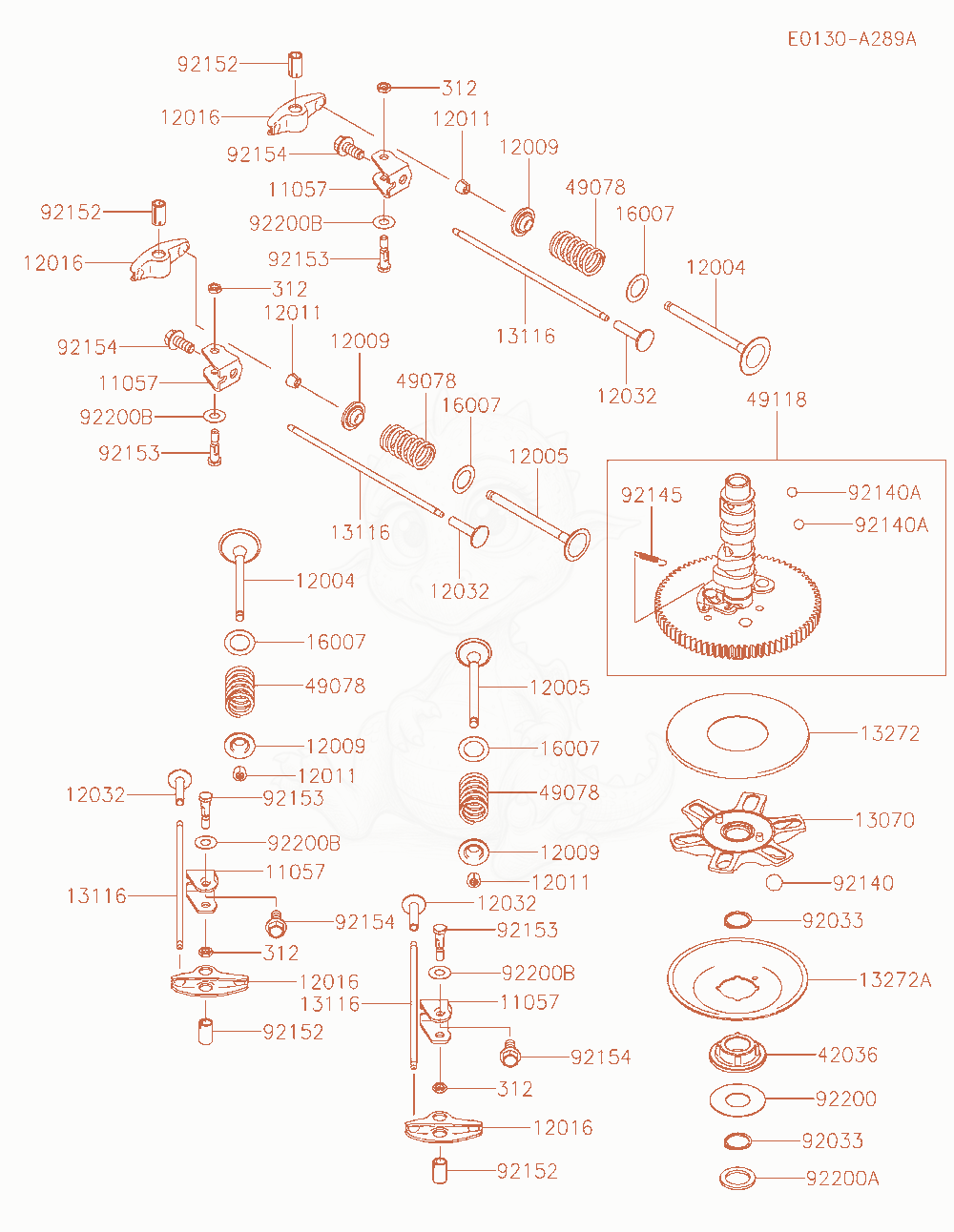 Despiece del Valve / Camshaft de un motor Kawasaki FX801V-AS36, con globos numerados