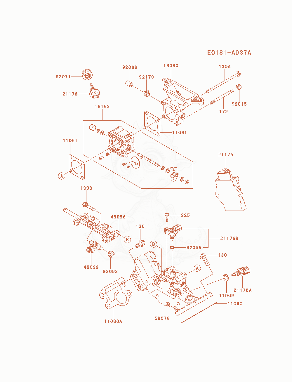 Despiece del Throttle-Equipment de un motor Kawasaki FD851D-MS01, con globos numerados