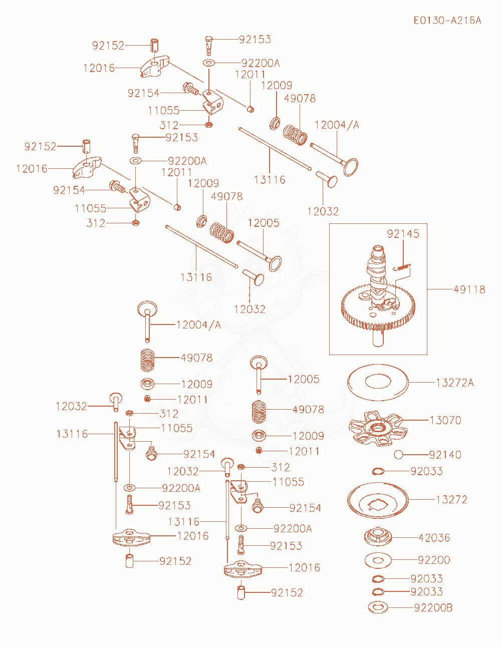 Despiece del Valve / Camshaft de un motor Kawasaki FS481V-JS00, con globos numerados